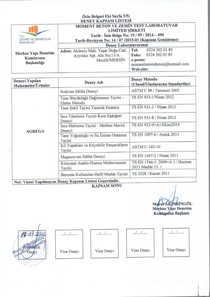 T.C. Çevre ve Şehircilik Bakanlığı Deney Kapsam Listesi-5